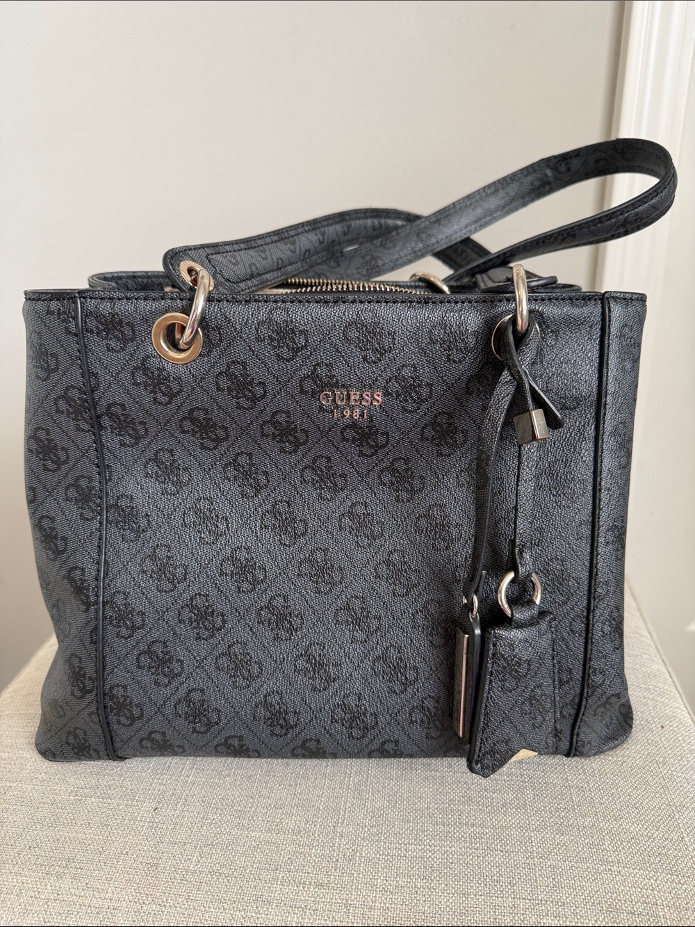 Guess Black Logo Tote with Gold-Tone Accents